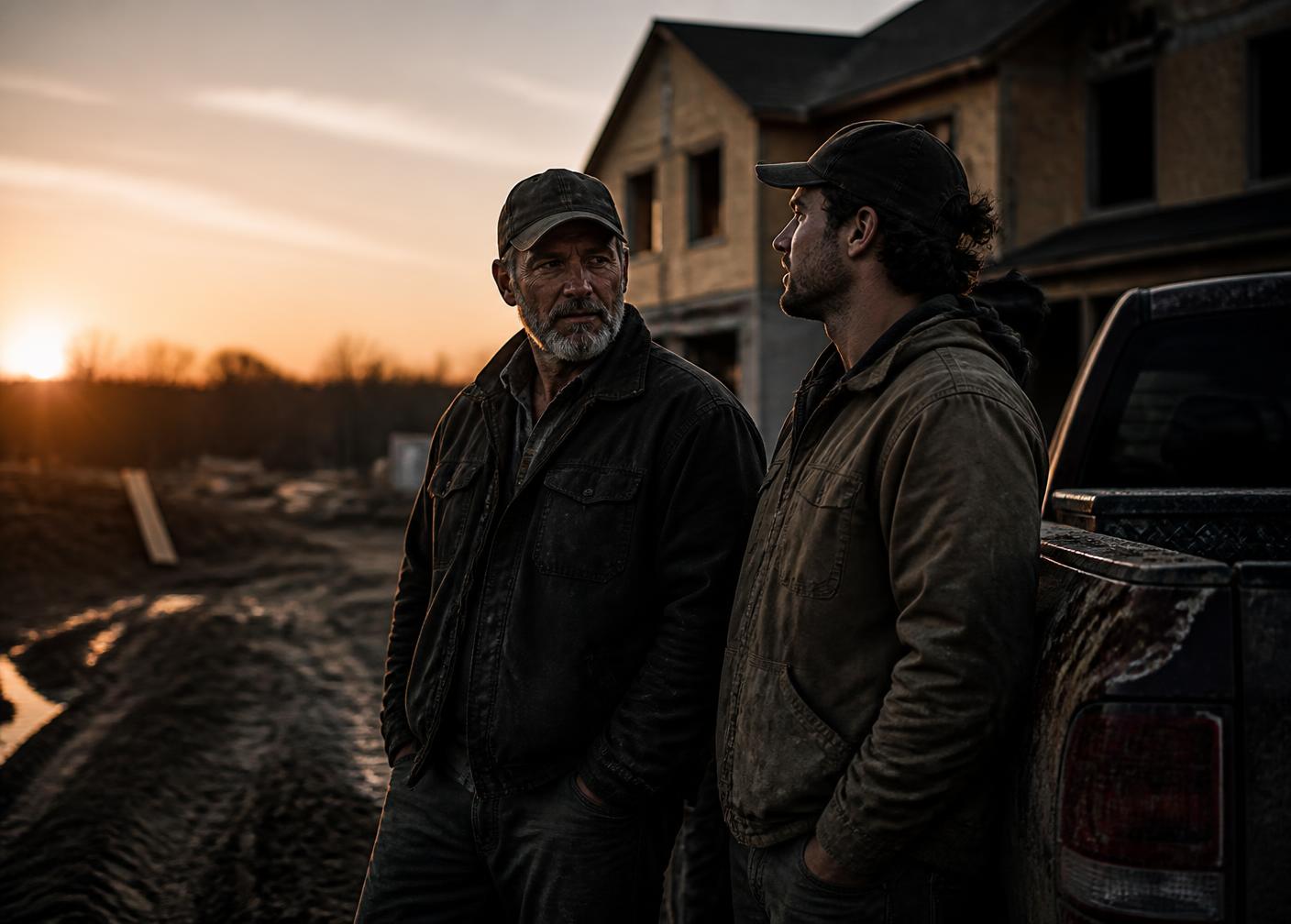 A father and son in work clothes beside a truck at a jobsite at dusk