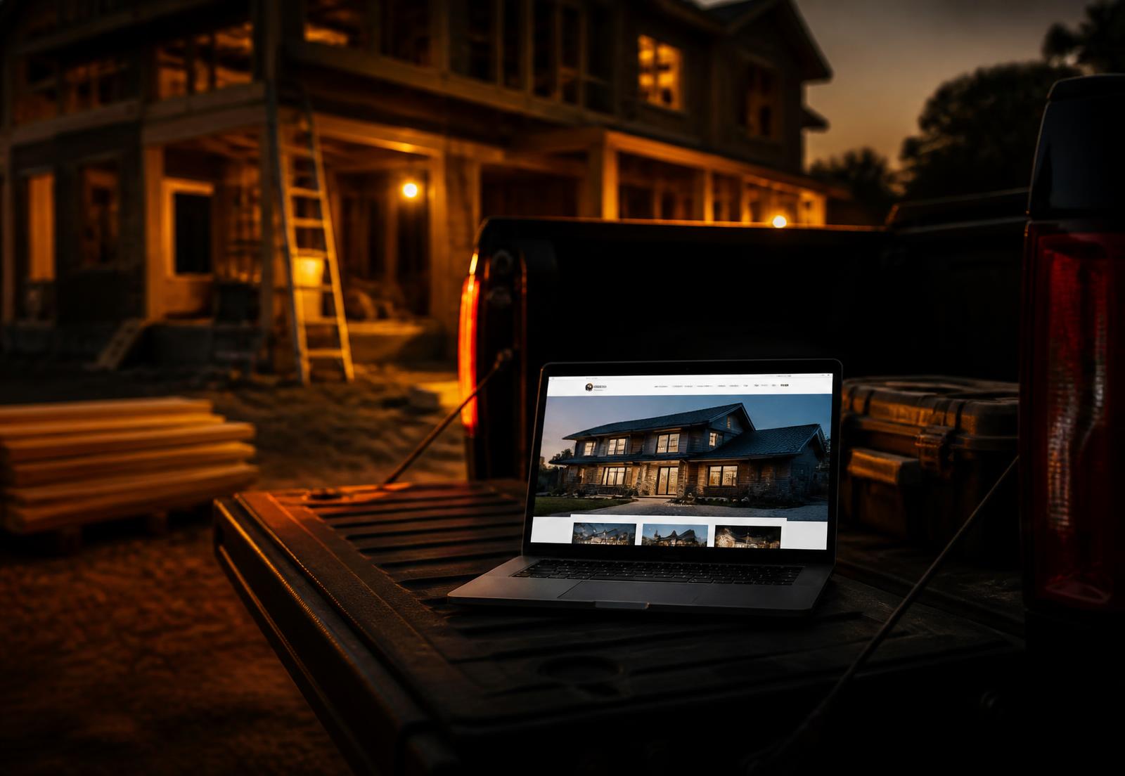 A laptop showing a contractor website on a truck tailgate at a jobsite