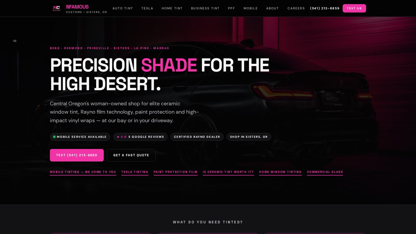 Homepage of the Nfamous Customs website built by Second Gen Digital