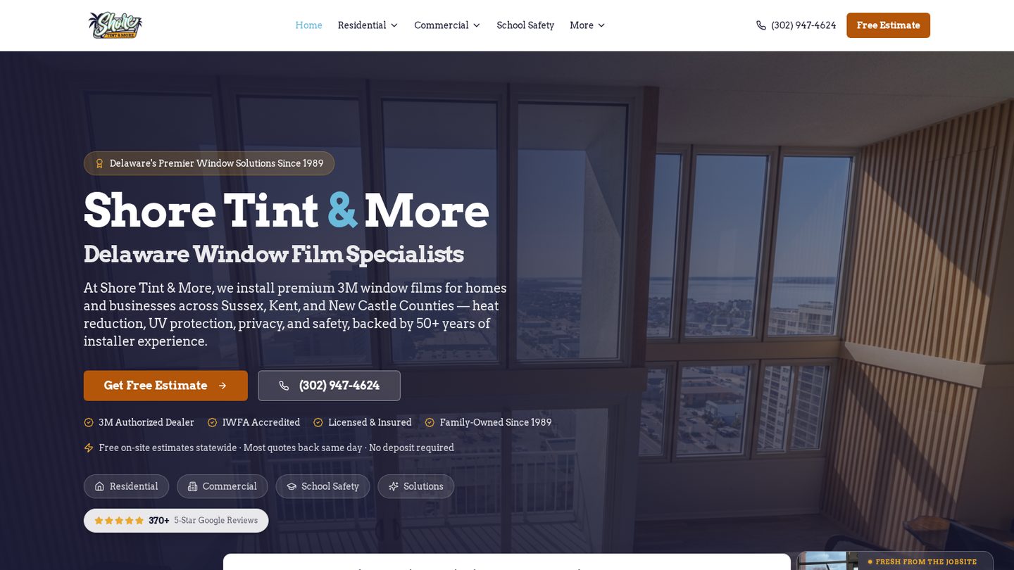 Homepage of the Shore Tint & More / Delaware Window Film website built by Second Gen Digital