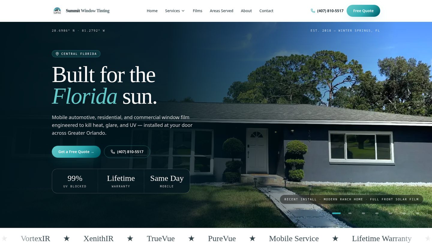 Homepage of the Summit Tint website built by Second Gen Digital
