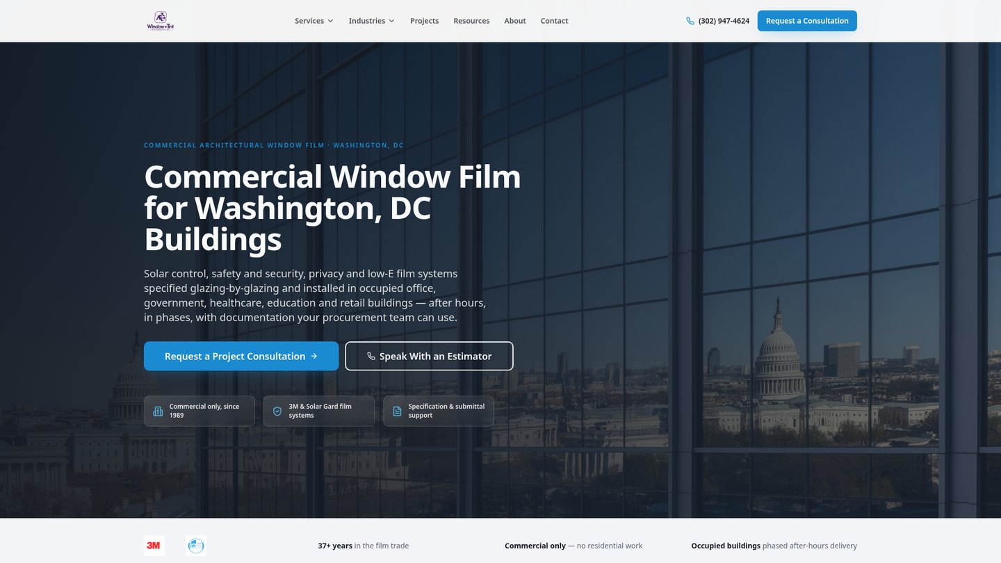 Homepage of the Window Tint DC website built by Second Gen Digital